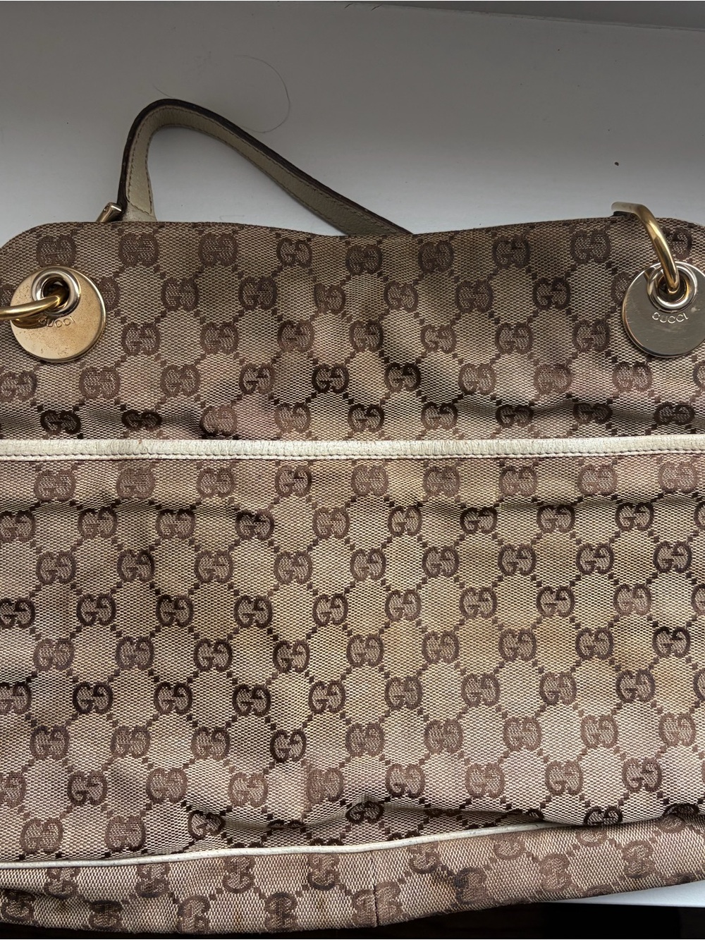 Gucci Brown Monogram Canvas Shoulder Bag with Gold Rings